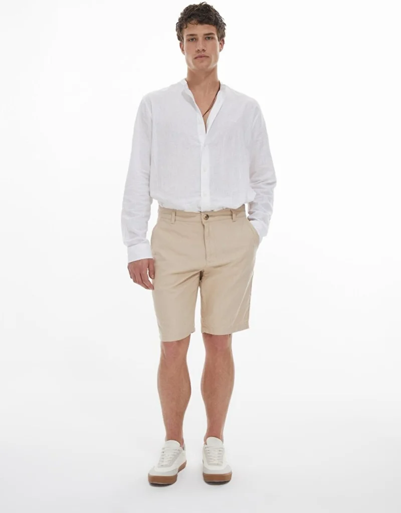 Men's Linen Look Regular Midi Beige Shorts