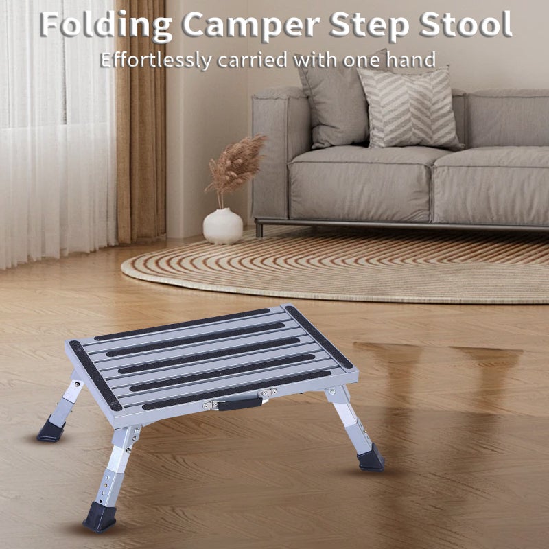 Folding Step Stool: Aluminum Alloy Construction, 4-Level Adjustable Height (19-23cm) - Non-Slip Foot Pads, Compact Foldable Design for RV, Home, Adult Users - Image 3