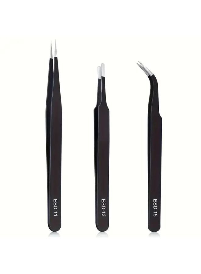 3PCS Precision Anti Static Stainless Steel Tweezers Set For Electronics Soldering Laboratory Jewelry Craft - Image 1
