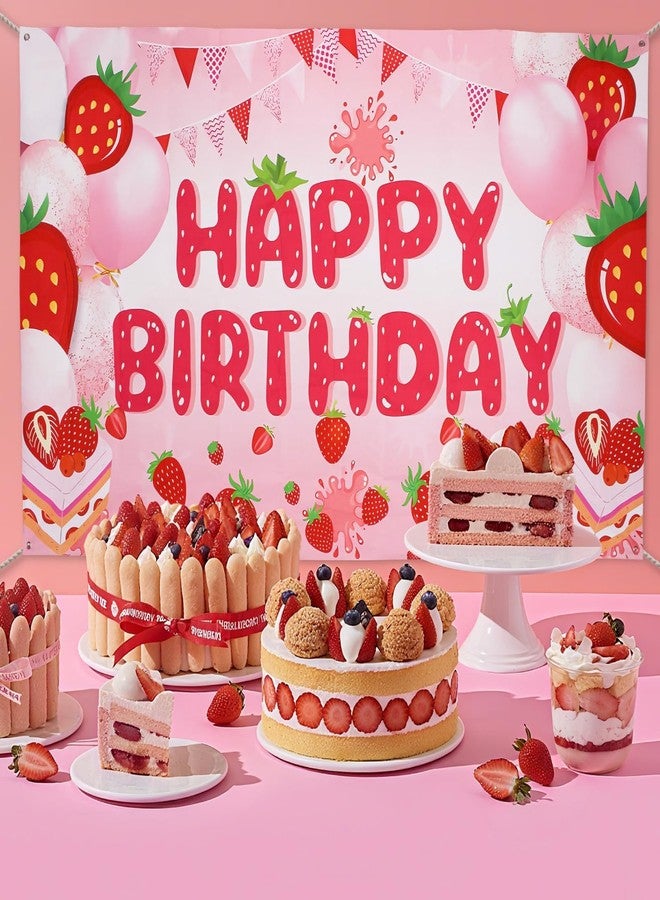 Aufee Strawberry Shortcake Happy Birthday Decorations Banner, Strawberry Themed Birthday Party Decoration Backdrop, Berry First Birthday Background Party Supplies for Girls Boys Kids - Image 4