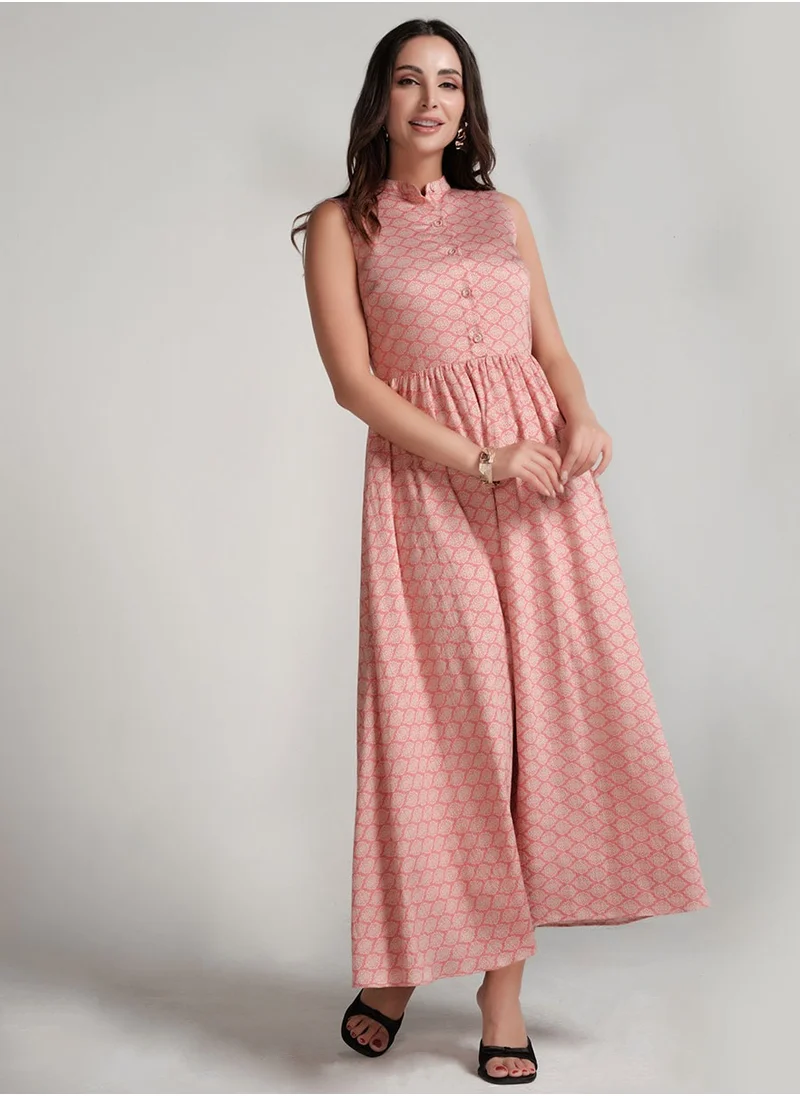 Zigzag Sleeveless Printed Waist Gathered Pink Dress