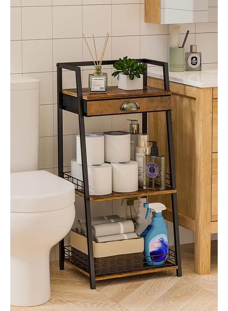 سولاكان رفوف حمام بثلاثة طوابق مع درج، رف تخزين أرضي للحمام، حامل تخزين صغير قائم بذاته، رف سلم مستقل يصلح كرف كتب لغرفة المعيشة أو غرفة النوم - Image 1