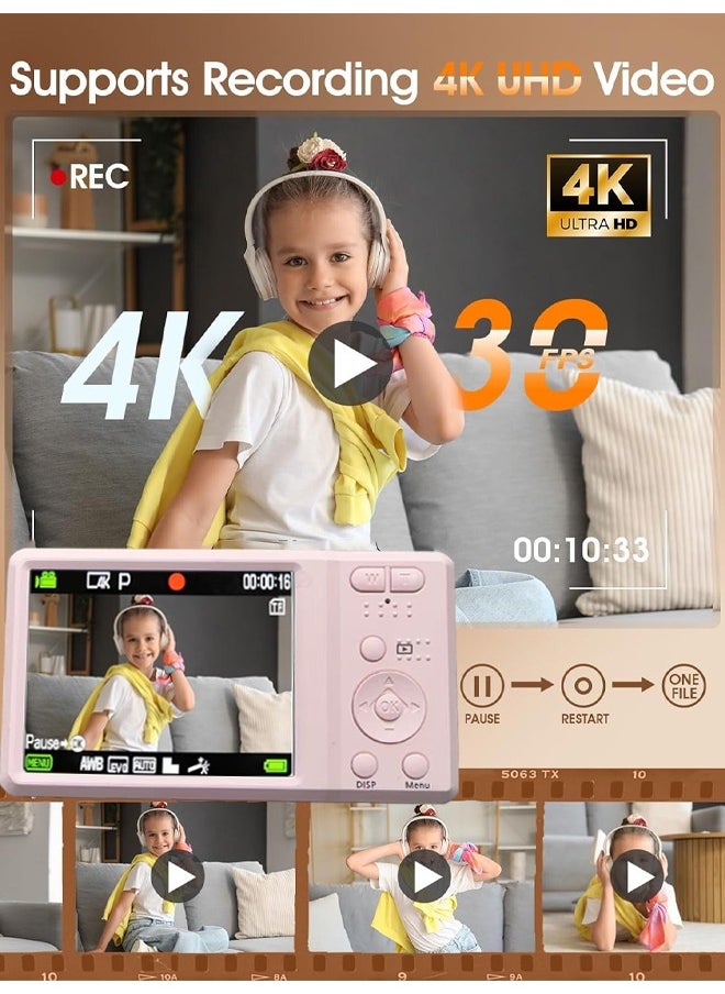 Makrystorm Digital Camera, 4K Cameras for Photography, Digital Point and Shoot Camera with Autofocus Anti Shake, Video Camera  for Adults, Teens, Beginners,free 64GB card (Pink)  - Image 2