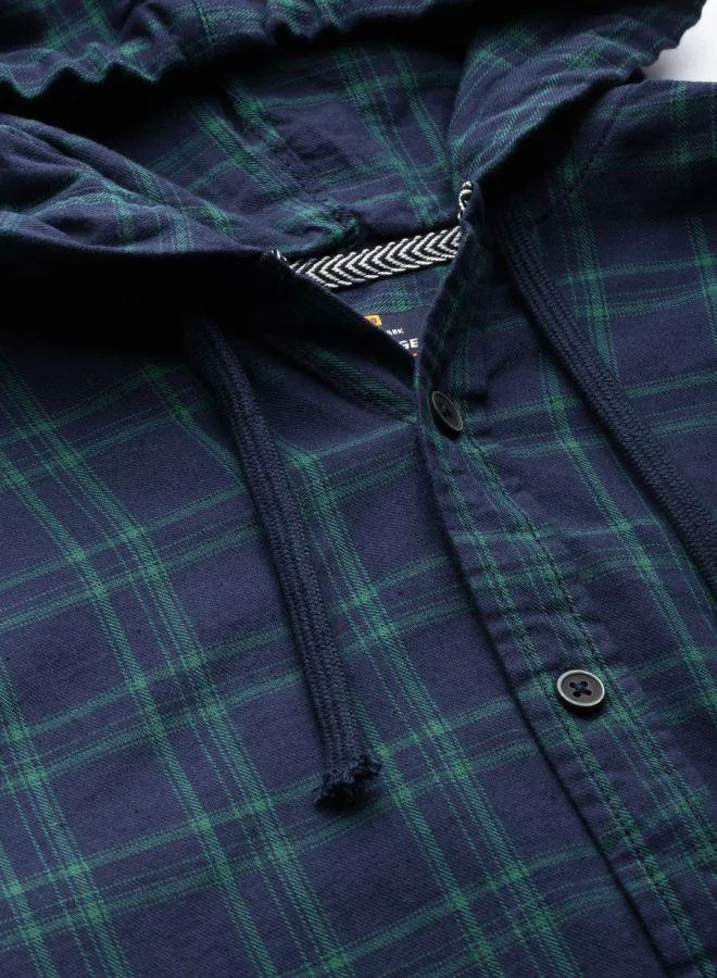 The Indian Garage Co Men Slim Fit Checkered Full Sleeves Hooded Casual Shirt