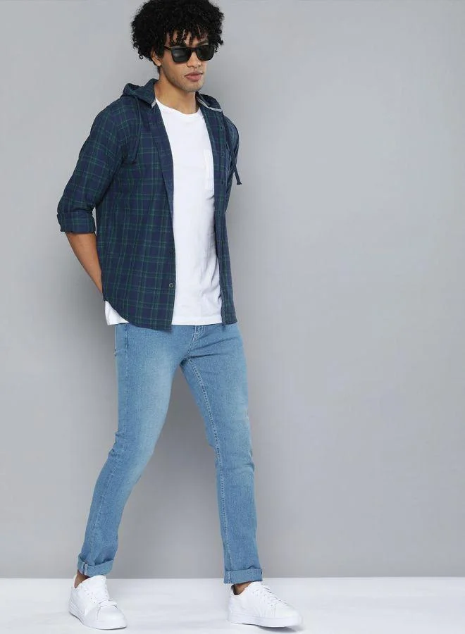 The Indian Garage Co Men Slim Fit Checkered Full Sleeves Hooded Casual Shirt