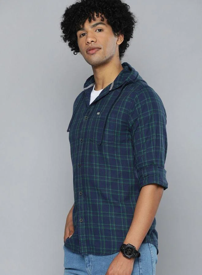 The Indian Garage Co Men Slim Fit Checkered Full Sleeves Hooded Casual Shirt