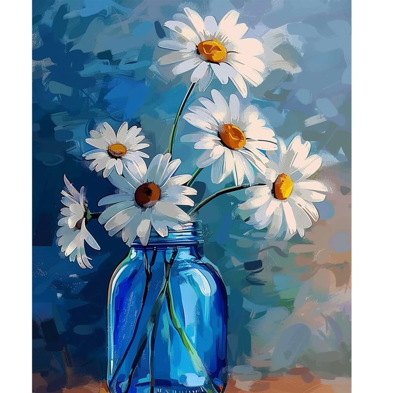 Ohhvvow White Daisy Diamond Art Painting Kits for Adults, Full Drill Blue Vase Flower Diamond Dots Paintings for Beginners, Blue Round 5D Paint with Diamonds Painting Kits for DIY Crafts, 12x16 Inch - Image 1