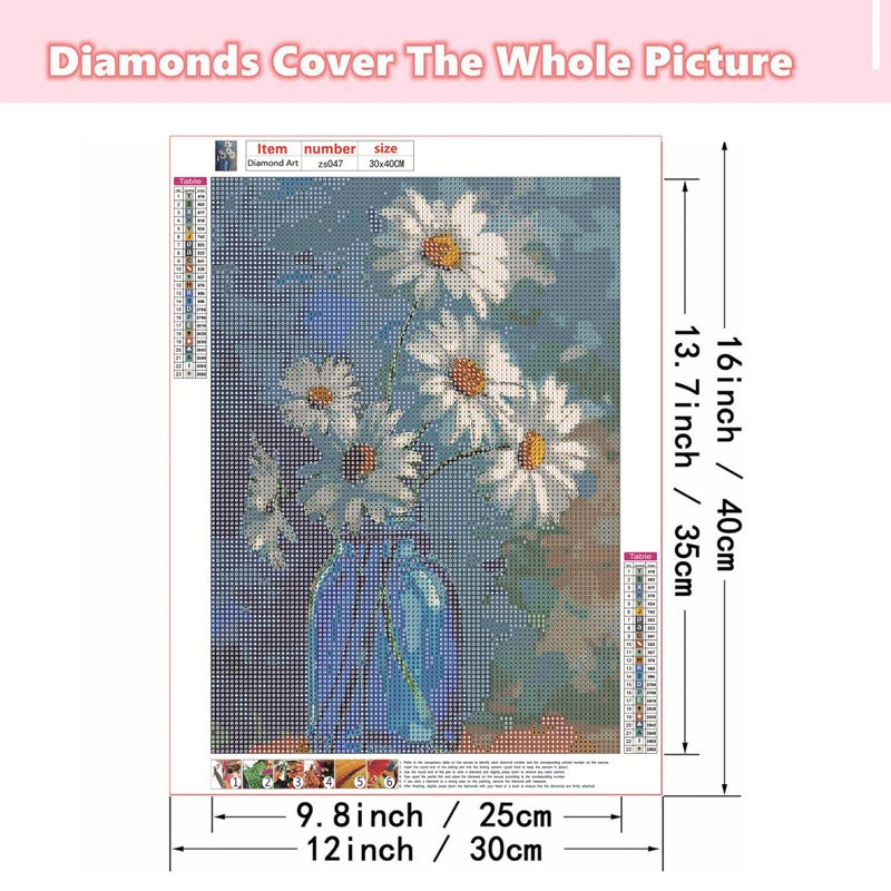 Ohhvvow White Daisy Diamond Art Painting Kits for Adults, Full Drill Blue Vase Flower Diamond Dots Paintings for Beginners, Blue Round 5D Paint with Diamonds Painting Kits for DIY Crafts, 12x16 Inch - Image 5