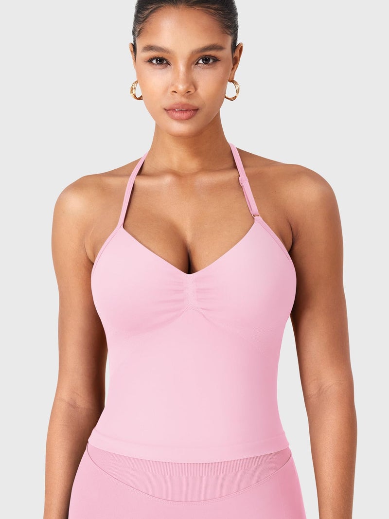 YEOREO SoftHue Impact Longline Strappy Top Women's Halter Workout Tank Tops Backless Gym Longline with Adjustable Strap Pink - Image 4