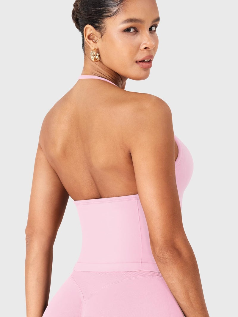YEOREO SoftHue Impact Longline Strappy Top Women's Halter Workout Tank Tops Backless Gym Longline with Adjustable Strap Pink - Image 2