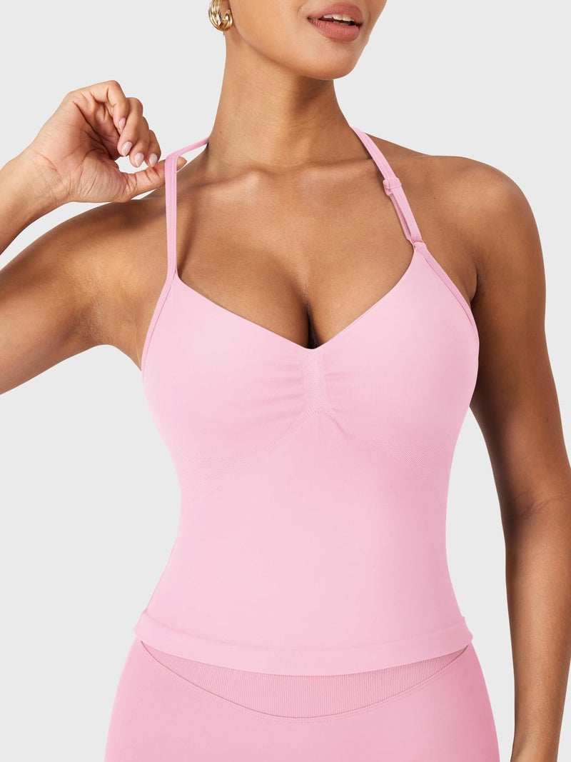 YEOREO SoftHue Impact Longline Strappy Top Women's Halter Workout Tank Tops Backless Gym Longline with Adjustable Strap Pink - Image 3