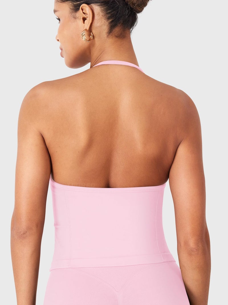 YEOREO SoftHue Impact Longline Strappy Top Women's Halter Workout Tank Tops Backless Gym Longline with Adjustable Strap Pink - Image 5