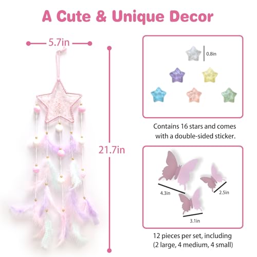 Fun-Plus Pink Dream Catcher Wall Hanging Set - 10 Butterflies & 16 Stars, Boho Room Decor for Girls, Easy Peel & Stick Wall Art - Image 2