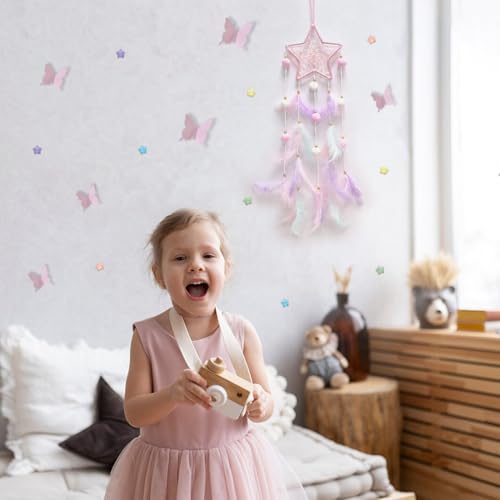 Fun-Plus Pink Dream Catcher Wall Hanging Set - 10 Butterflies & 16 Stars, Boho Room Decor for Girls, Easy Peel & Stick Wall Art - Image 5