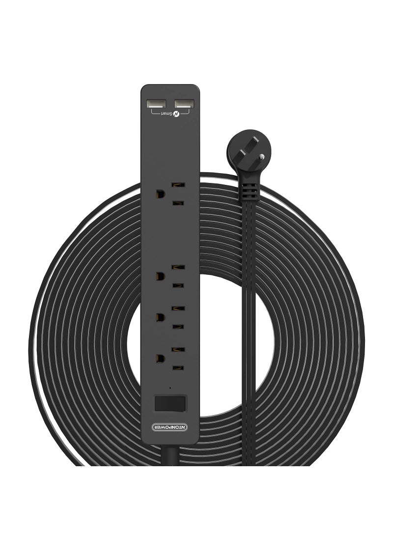 NTONPOWER Flat Extension Cord 15 Ft, NTONPOWER Ultra Thin Under Carpet, Rug, Door, Wall Mount Power Strip Plug with 4 Outlets 2 USB, Overload Protection for Indoor Home Office, Black  - Image 1