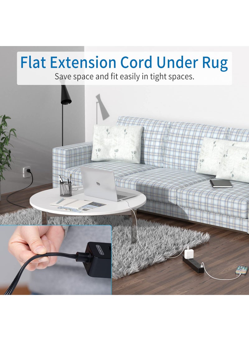 NTONPOWER Flat Extension Cord 15 Ft, NTONPOWER Ultra Thin Under Carpet, Rug, Door, Wall Mount Power Strip Plug with 4 Outlets 2 USB, Overload Protection for Indoor Home Office, Black  - Image 2