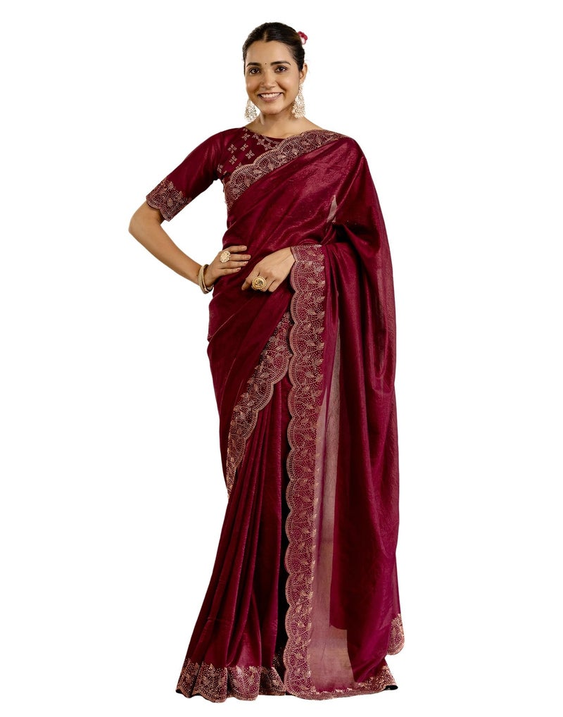 SIRIL Women's Tissue Crush Stone Work and Scalloped Border Saree with Unstitched blouse (4631S784_Maroon) - Image 1