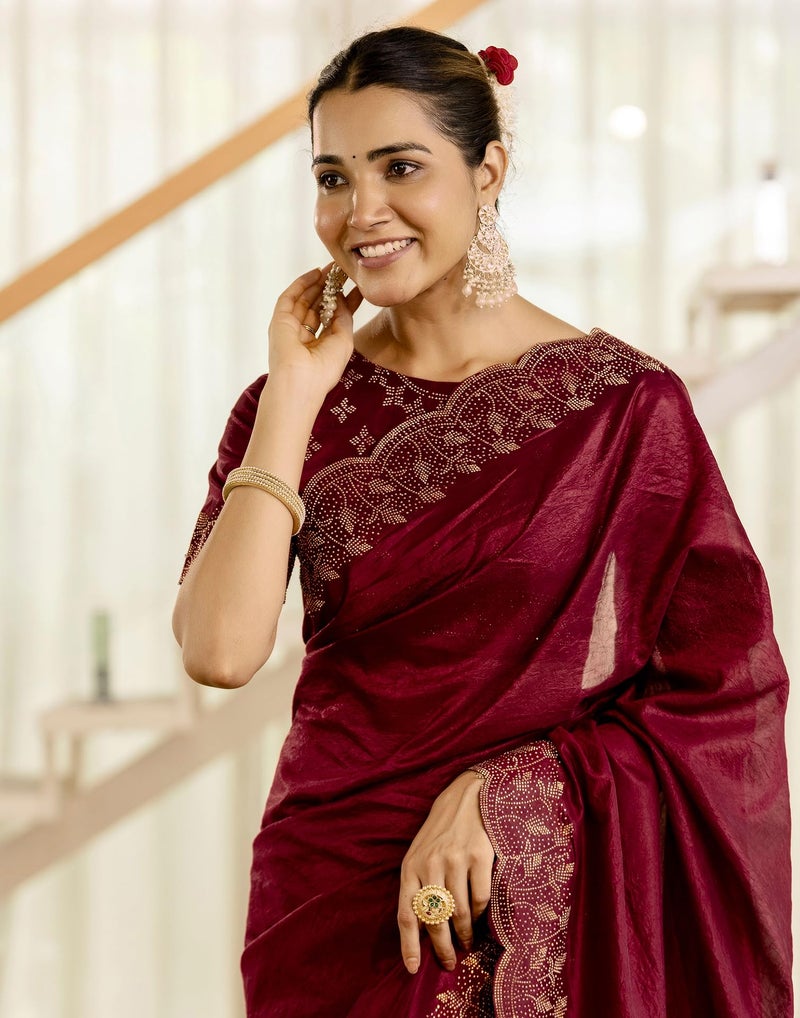 SIRIL Women's Tissue Crush Stone Work and Scalloped Border Saree with Unstitched blouse (4631S784_Maroon) - Image 5
