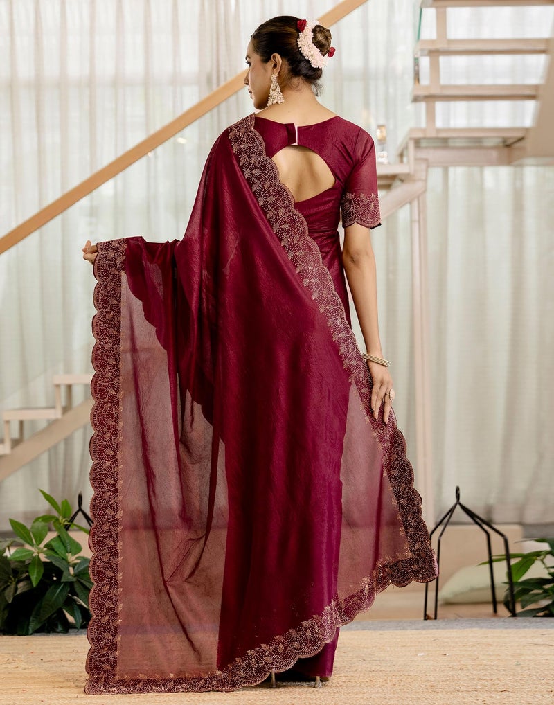 SIRIL Women's Tissue Crush Stone Work and Scalloped Border Saree with Unstitched blouse (4631S784_Maroon) - Image 4