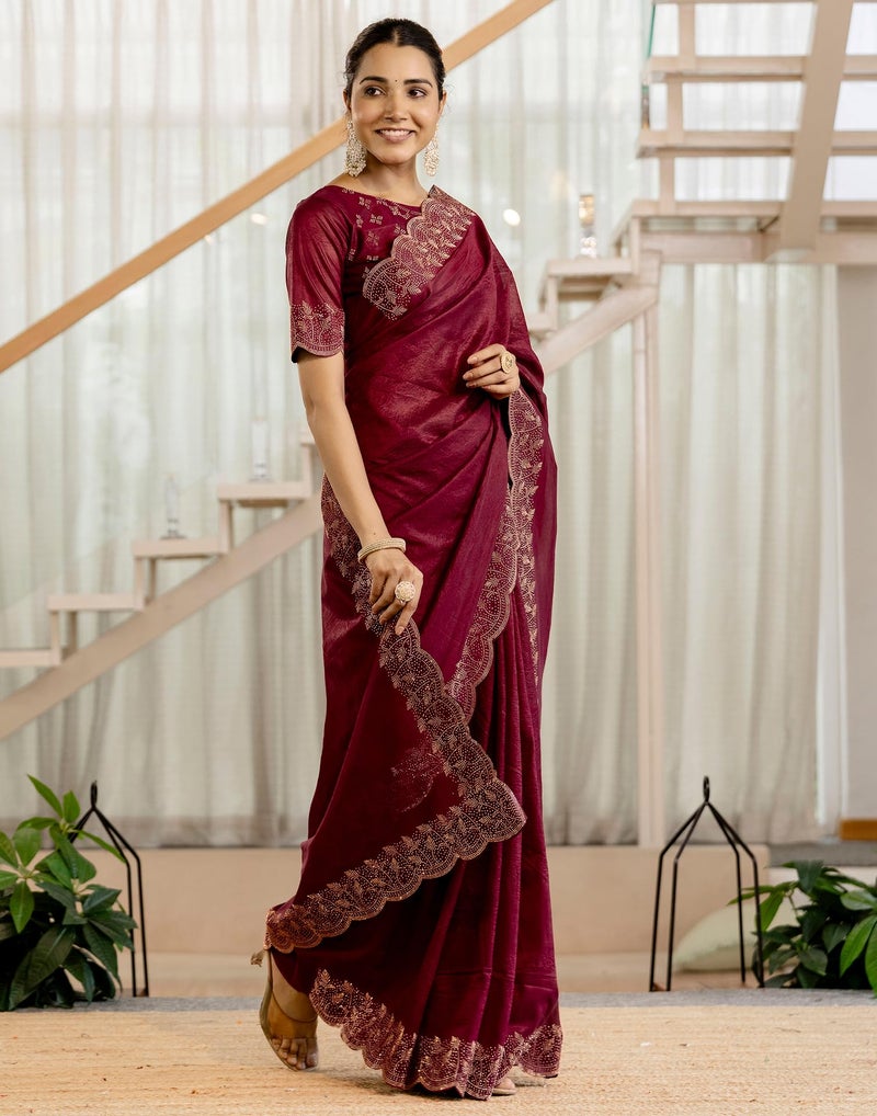 SIRIL Women's Tissue Crush Stone Work and Scalloped Border Saree with Unstitched blouse (4631S784_Maroon) - Image 2