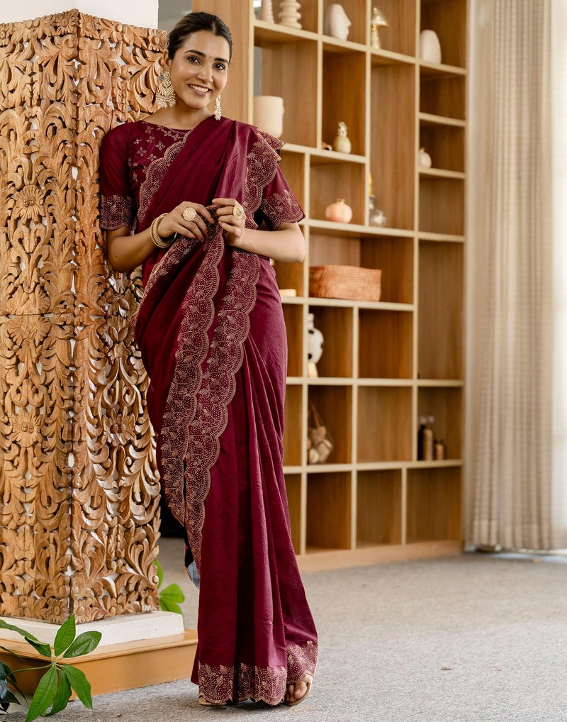 SIRIL Women's Tissue Crush Stone Work and Scalloped Border Saree with Unstitched blouse (4631S784_Maroon) - Image 3