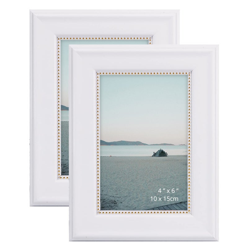 GraduationMall 4x6 Picture Frames Real Glass Display Photos for Wall or Tabletop White with Gold Beads 2Pack