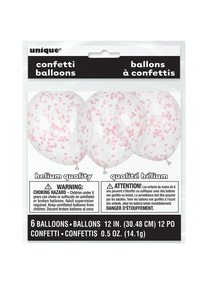Unique Confetti Balloons Light Pink Transparent Latex 30 cm 6-Pack - Image 2