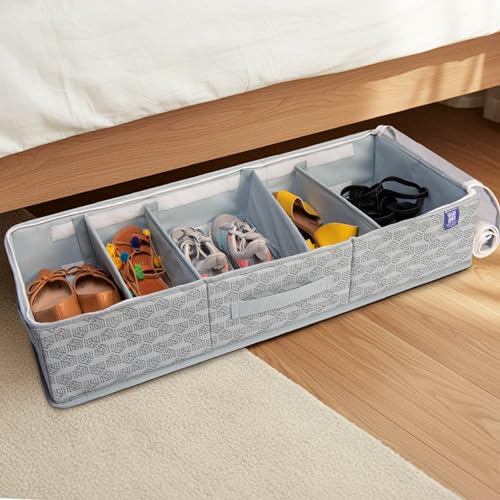 HomeStrap Under Bed Storage Bag with Clear Lid & 5 Adjustable Velcro Dividers | Large Foldable Underbed Organizer for Clothes, Shoes | Dustproof Non-Woven Fabric Storage Box with Handles | Grey - Image 1