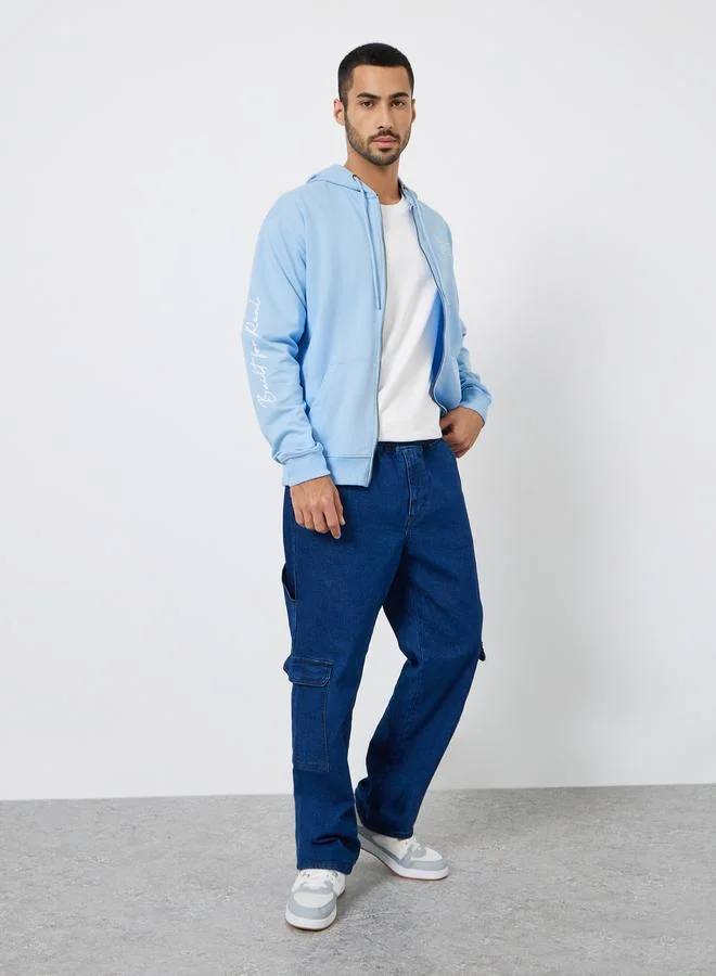 Styli Men Light Blue Printed Zip-Up Sweatshirt