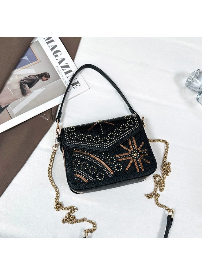 Black Bohemian Studded Crossbody Bag with Detachable Chain  Strap - Image 5