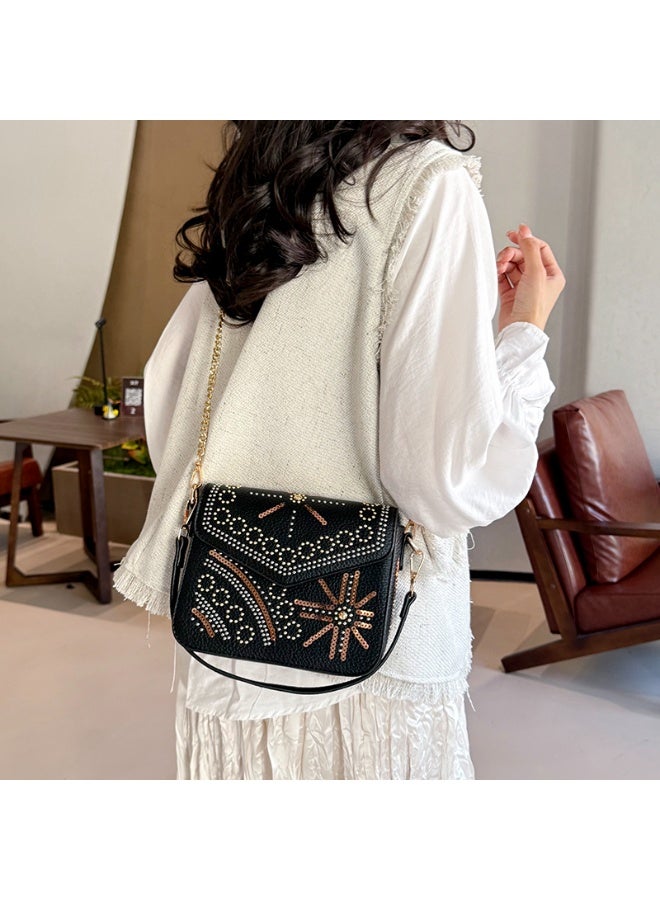 Black Bohemian Studded Crossbody Bag with Detachable Chain  Strap - Image 4
