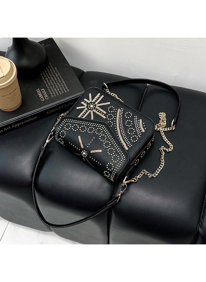 Black Bohemian Studded Crossbody Bag with Detachable Chain  Strap - Image 2