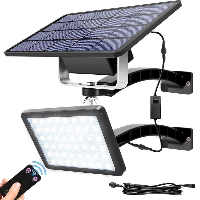 JACKYLED 1000 Lumen 48 LED Solar Dusk to Dawn Light Outdoor with Remote Control Solar Panel Light Kit with 5500mAh Battery and 98ft Cord Solar Security Light for Wall Porch Barn Patio Garage Black