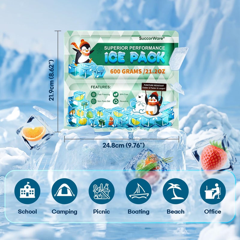 SuccorWare 5 Packs Reusable Ice Packs for Lunch Boxes - 12+ Hour Cooling Ice Gel Pack for Camping, Beach, Office - Ice Packs for Cooler Bag, Cooler Backpacks (600 Grams) - Image 2