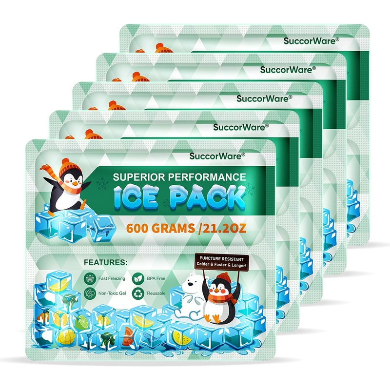 SuccorWare 5 Packs Reusable Ice Packs for Lunch Boxes - 12+ Hour Cooling Ice Gel Pack for Camping, Beach, Office - Ice Packs for Cooler Bag, Cooler Backpacks (600 Grams) - Image 1