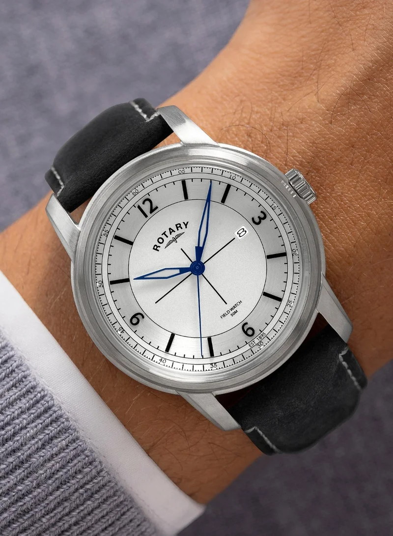 Rotary  Men's Heritage Field Analogue Watch, 40 mm, Pale Silver Satin Dial, Grey Leather Strap for Men | Best Price UAE