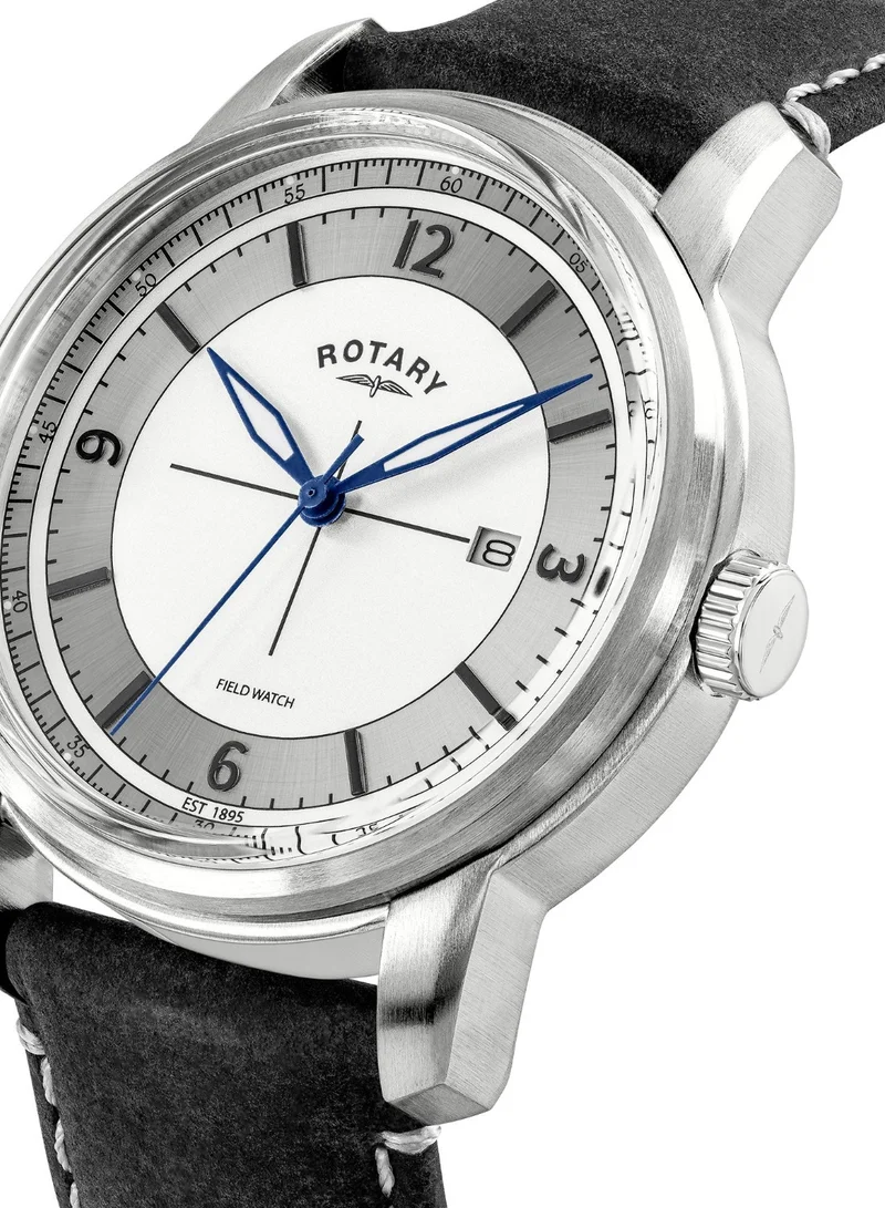 Rotary Men's Heritage Field Analogue Watch, 40 mm, Pale Silver Satin Dial, Grey Leather Strap