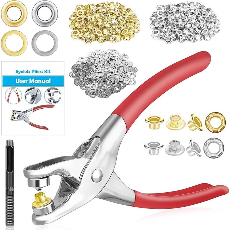 PAXCOO 803Pcs Grommet Eyelet Pliers Kit, 1/4 Inch 6mm(Inside Diameter) Grommet Tool Kit with 800 Metal Eyelets with Washers in Gold and Silver, Eyelet Grommet Hand Press kit for Leather/Belt/Shoes/Crafts - Image 1