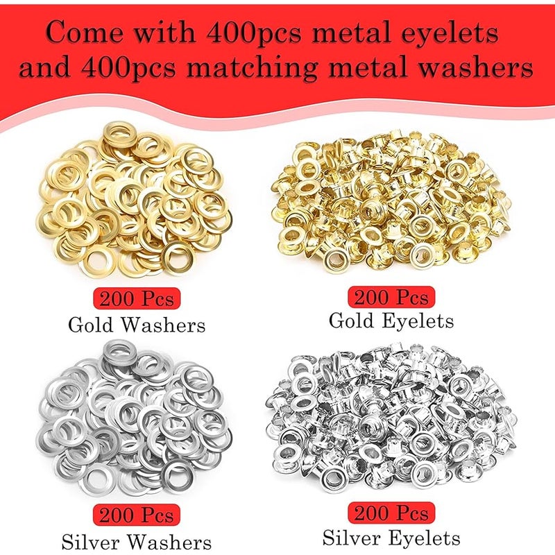 PAXCOO 803Pcs Grommet Eyelet Pliers Kit, 1/4 Inch 6mm(Inside Diameter) Grommet Tool Kit with 800 Metal Eyelets with Washers in Gold and Silver, Eyelet Grommet Hand Press kit for Leather/Belt/Shoes/Crafts - Image 5