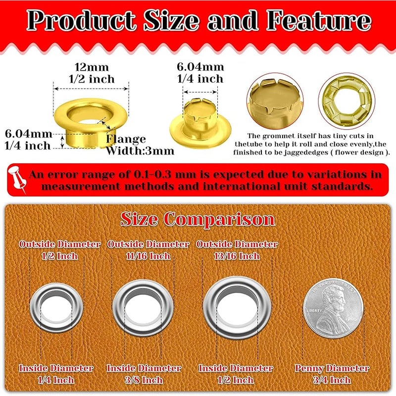 PAXCOO 803Pcs Grommet Eyelet Pliers Kit, 1/4 Inch 6mm(Inside Diameter) Grommet Tool Kit with 800 Metal Eyelets with Washers in Gold and Silver, Eyelet Grommet Hand Press kit for Leather/Belt/Shoes/Crafts - Image 2