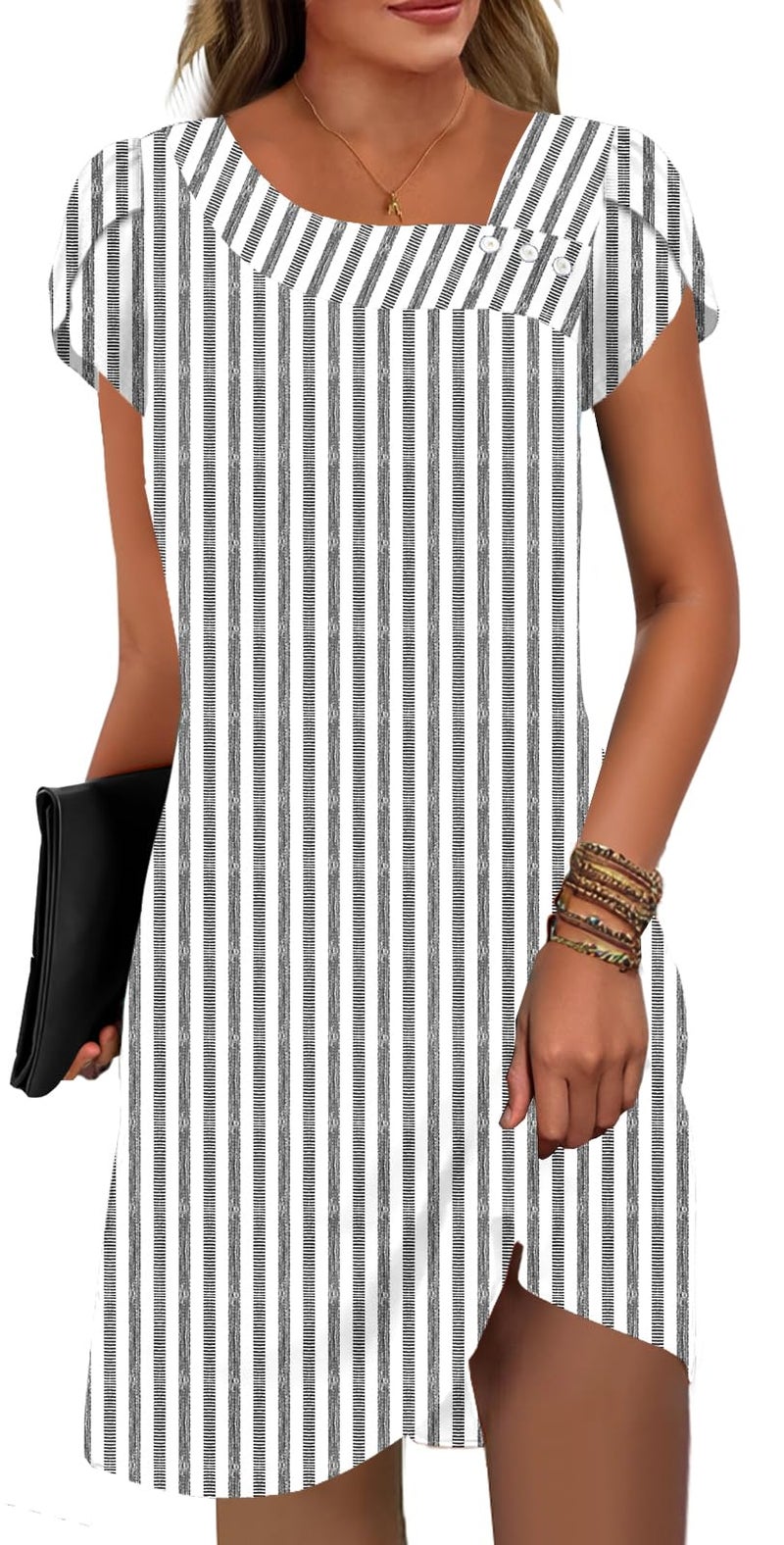 ETCYY Women's Sundresses Petal Short Sleeve Summer Dresses Swimsuit Cover Up Shirt Bathing Square Neck Button Beach Dress,Striped Gray,Medium - Image 1