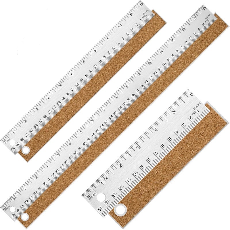 VORIGY Metal Ruler with Cork Backing, 6+12+18 Inch Stainless Steel Rulers 6 Inch 12 Inch 18 inch Metal Ruler - Imperial and Metric - Non-Slip Prevent Ink Leakage - for School Office Engineering Tools - Image 1