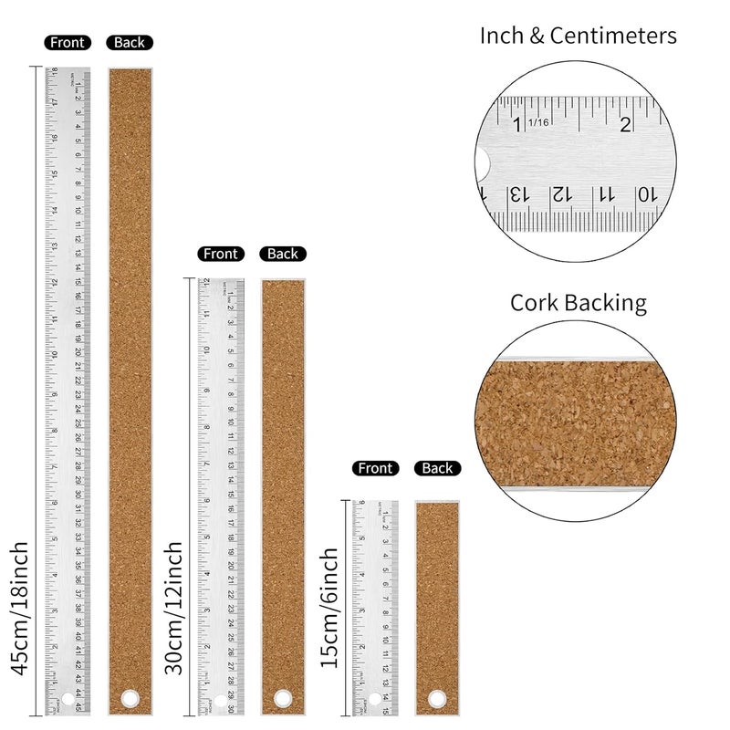 VORIGY Metal Ruler with Cork Backing, 6+12+18 Inch Stainless Steel Rulers 6 Inch 12 Inch 18 inch Metal Ruler - Imperial and Metric - Non-Slip Prevent Ink Leakage - for School Office Engineering Tools - Image 2