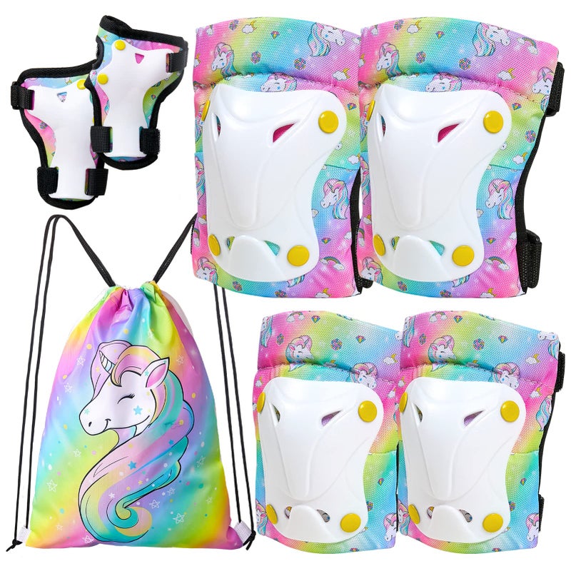 FIODAY Knee Pads for Kids Unicorn Knee Elbow Pads Wrist Guards with Drawstring Bag Adjustable Protective Gear Set for Girls Boys Inline Skating Bike Cycling Skateboard Scooter, 3-8 Years, Rainbow - Image 1