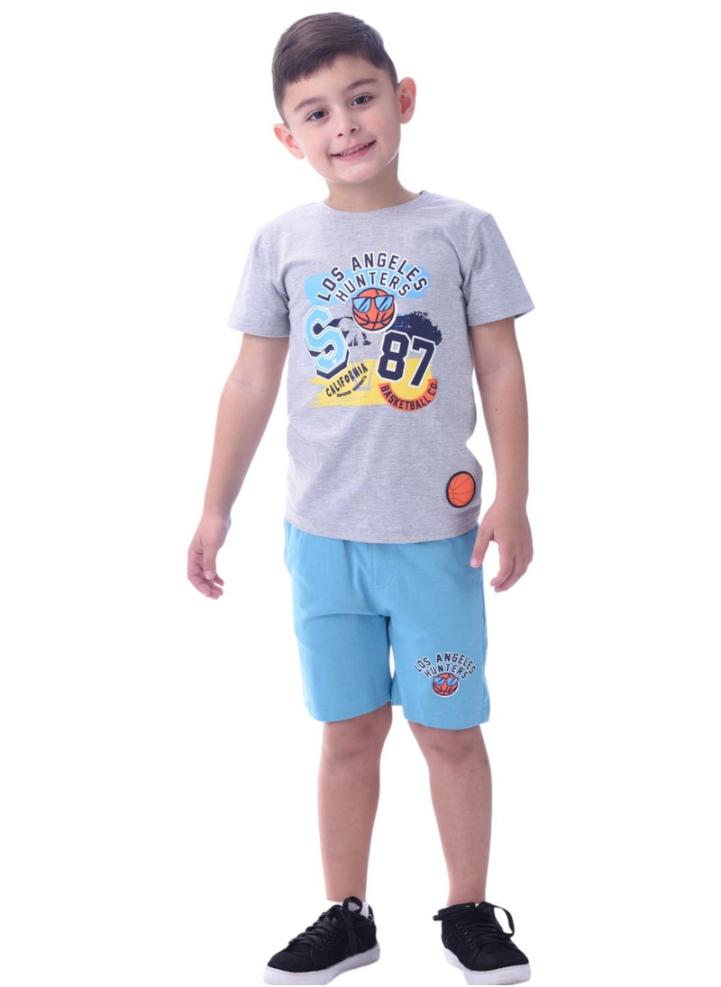 victor and jane - Kids Boys Sets Comfortable 2-Piece T-Shirt & Shorts Set (2-8 Years)- Grey & Blue - Image 1