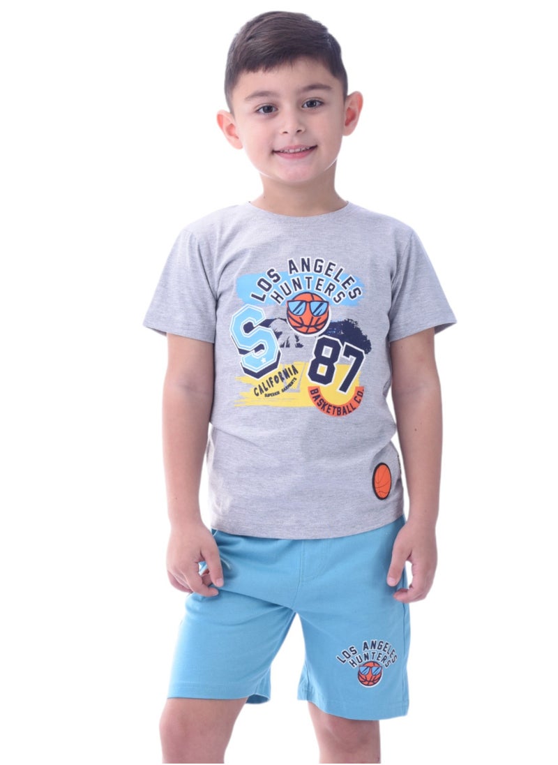 victor and jane - Kids Boys Sets Comfortable 2-Piece T-Shirt & Shorts Set (2-8 Years)- Grey & Blue - Image 1