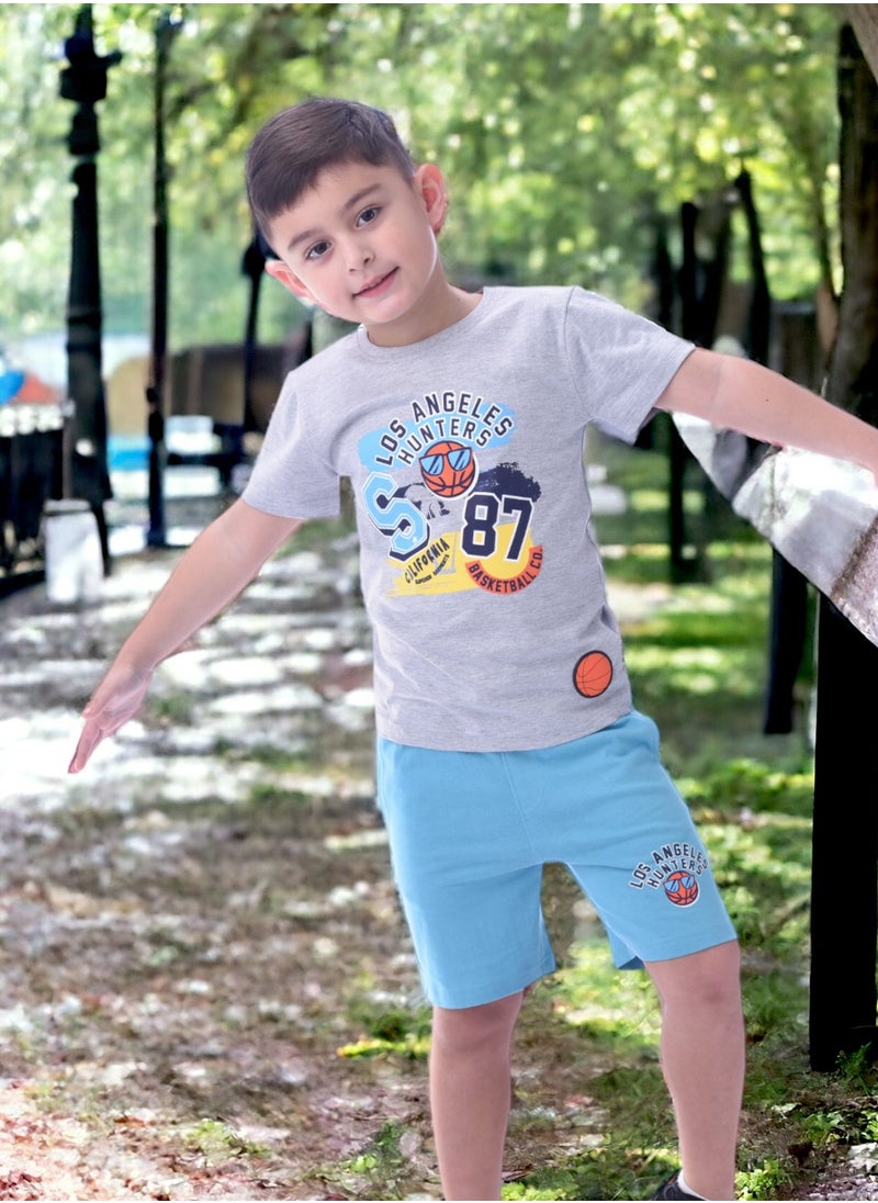 victor and jane - Kids Boys Sets Comfortable 2-Piece T-Shirt & Shorts Set (2-8 Years)- Grey & Blue - Image 1