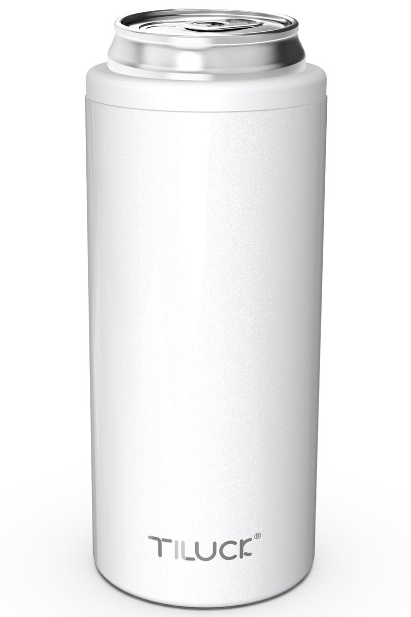 TILUCK Skinny Can Cooler for Slim Beer & Hard Seltzer, Stainless Steel, Doucle-Walled Stainless Steel Insulated Slim Cans, Standard 12 oz (Glitter White) - Image 1