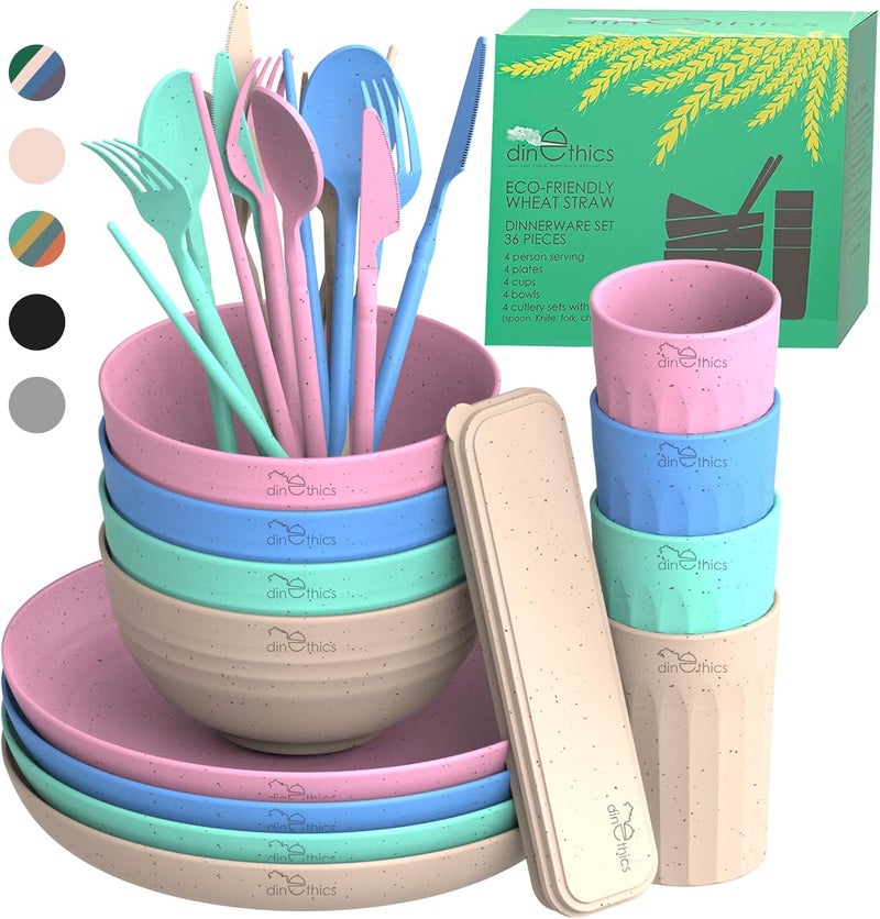 DINETHICS WheatStraw Dinnerware Sets for 4 - Alternate To Plastic Dishes - Dishwasher Safe Microwave Plates - Unbreakable Dinnerware Set - Wheat Straw Dishes - Lightweight Camping Plates & RV Dishes - Image 1