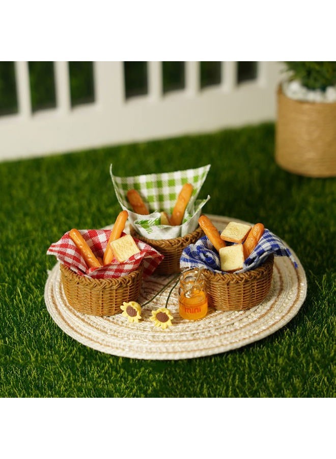 Cutemini Miniature Food Dollhouse Accessories Decor 1:12 Scale Bread Honey Basket Picnic Cloth Flowers 9PCS Garden Decoration Mini Room Display Props Model (Green Picnic Cloth) - Image 3